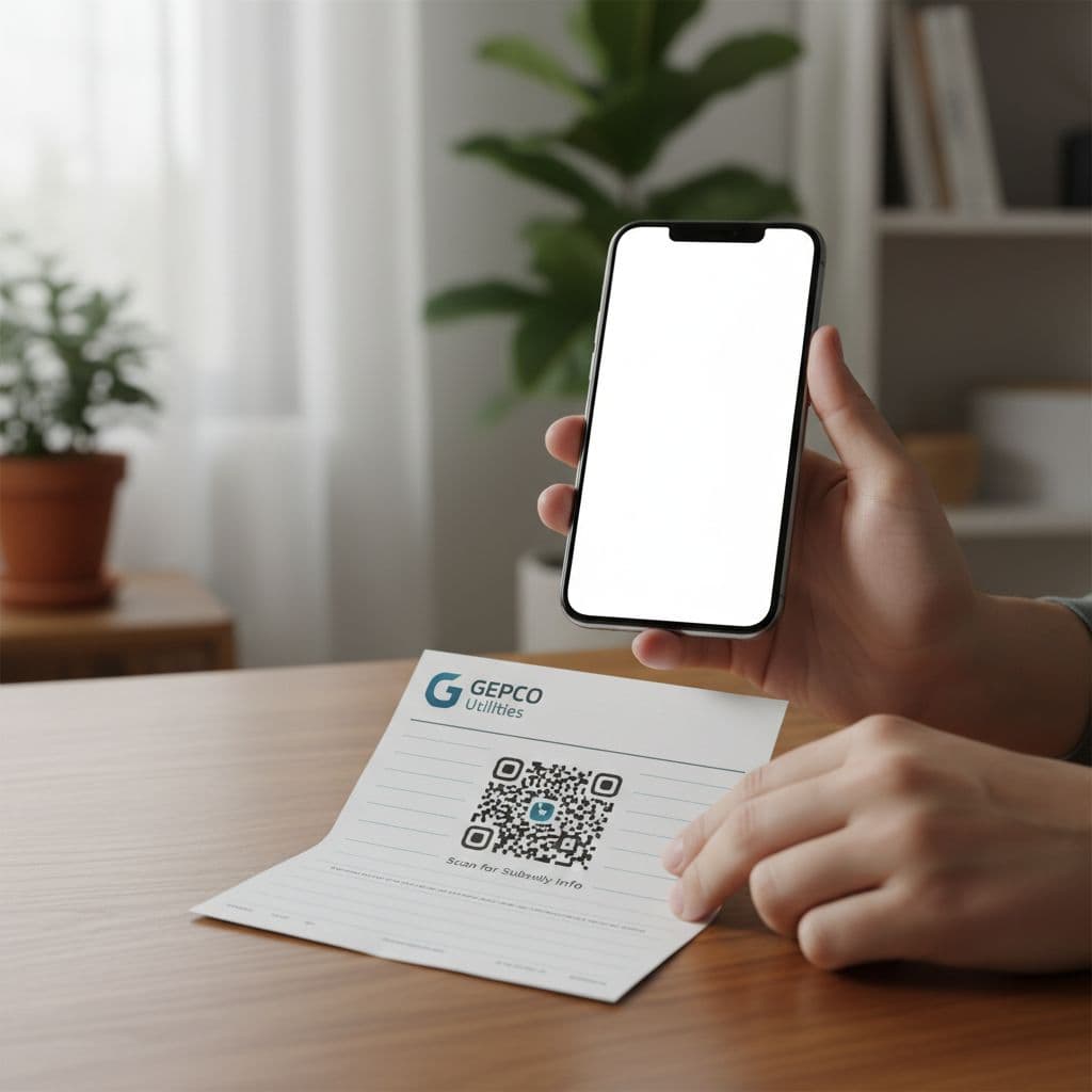 Hands hold a smartphone to scan a QR code printed on a paper utility bill.